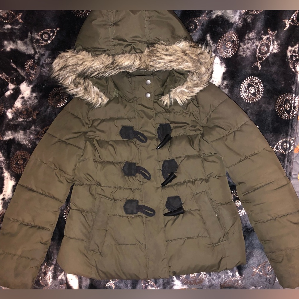 GAP Olive Green Faux Fur Hood Puffer Coat